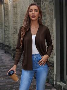 SHEIN LUNE Áo khoác len cardigan dệt kim đa năng, thường ngày, có túi màu trơn - màu nâu - Xem 4