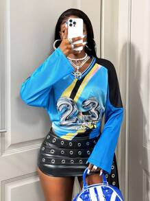 BamGleam Fashionable Color Block Numeric Print Long Sleeve Breathable T-Shirt Fall Cloth For Women - Blue - View 7