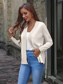 SHEIN LUNE Women's Casual Daily Commute Simple Solid Color Patchwork Pocket Cardigan, Autumn,Fall