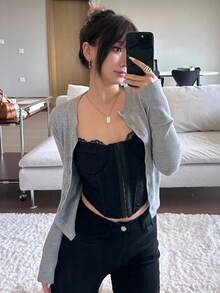 DAZY Basic Round Neck Retro Short Cardigan, Autumn/Winter - Grey - View 4