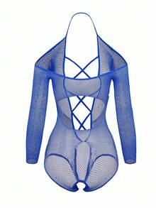 SHEIN 女士亮面网眼镂空长袖连体衣外出内衣 - 寶藍色 - 查看 2