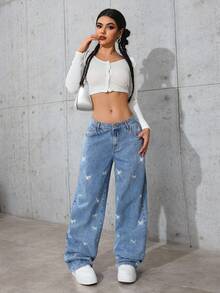 SHEIN Tall 女式低腰蝴蝶刺绣水钻水洗直筒宽松牛仔裤 - 中等水洗藍 - 查看 6