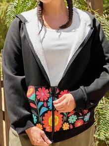 SHEIN VCAY Plus Size Floral Print Zip-Up Hoodie Sweatshirt With Front Pockets, Women Casual Outerwear For Autumn, Thermal Lined/Winter - Black - View 8