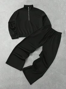 Manfinity EMRG 男士黑色美式休闲套头衫和运动裤套装，适合日常、休闲、通勤、街头服饰黑色两件套男士男士两件套服装男士套装黑色套装男士男士运动服套装，秋季服装 - 黑色 - 查看 1