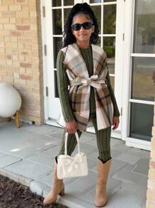 Sparklyn Bộ 3 áo vest kẻ caro thường ngày cho bé gái tuổi teen kèm thắt lưng + quần legging dài tay có gân, trang phục đa năng phù hợp để mặc hàng ngày, đi học mùa thu đông - xanh quân đội - Xem 3