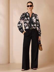 Glamance Constanza Baglietto 女士优雅通勤休闲花卉印花长袖 V 领衬衫，办公室穿着上衣，黑色花卉衬衫女士花卉衬衫花卉衬衫花卉衬衫女士花卉衬衫 - 彩色 - 查看 3