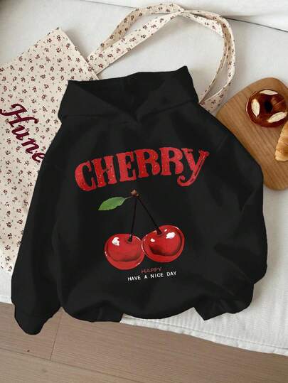 SHEIN Leap Crew Black, Vintage Cherry Pattern, Tween Girl Casual Loose Fit Sweatshirt, Comfortable Long Sleeve, Suitable For Autumn/Winter Fall