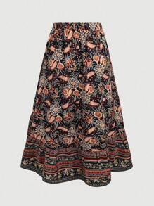 SHEIN LUNE 大码波西米亚风花卉印花不对称下摆半身裙