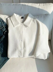 Comfortcana Women Solid Color  Woven Cropped Shirt - White - View 3