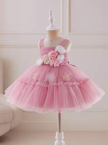 Glamorique Kids Baby Girl Sleeveless Floral Mesh Tulle Party Dress, Cute & Sweet Princess Dress, Suitable For Christening, Birthday, New Year Fall Winter