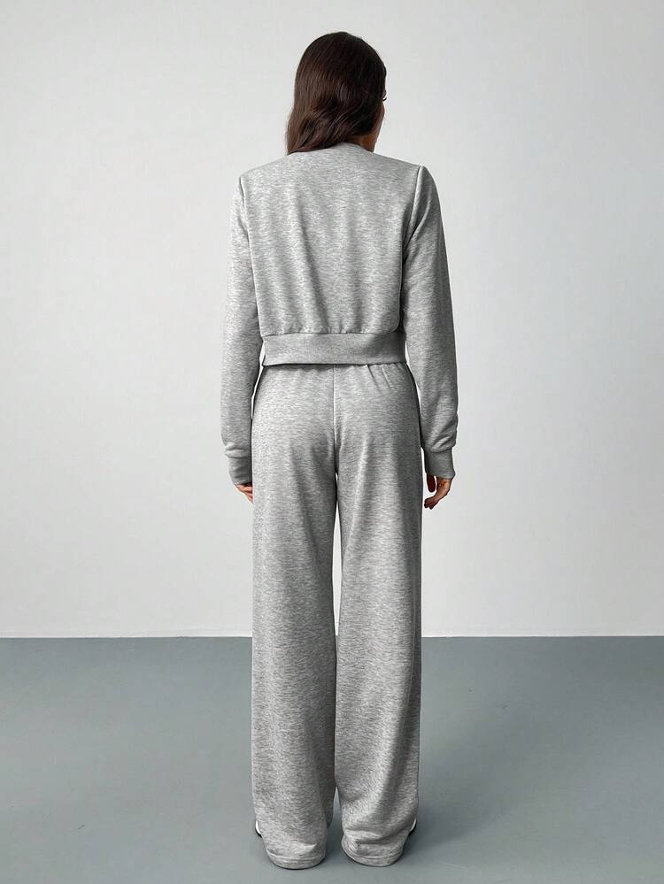 SHEIN Tall Women's Casual Solid Color Top And Pants 2 Pieces Set Grey Two Piece Set,Fall - Grey - View 2