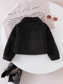 SHEIN 女童加厚毛领长袖可拆卸蝴蝶结冬季外套，时尚简约儿童短款开衫，秋冬款 - 黑色 - 查看 2