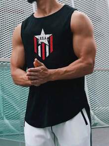Gym Rark 男士五角星印花圆领休闲运动背心 男士肌肉背心 男士健身背心 无袖衬衫 男士健身背心 - 黑色 - 查看 1