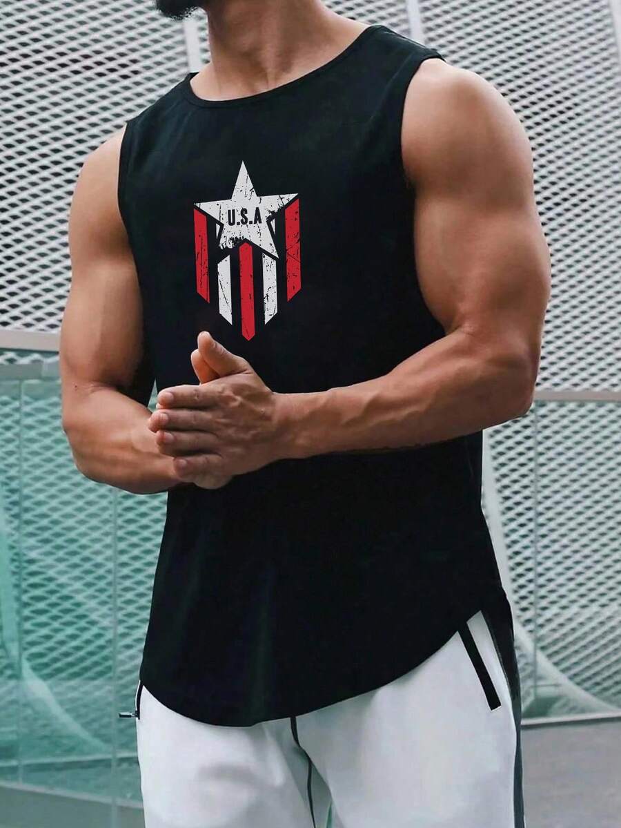 Gym Rark 男士五角星印花圆领休闲运动背心 男士肌肉背心 男士健身背心 无袖衬衫 男士健身背心 - 黑色 - 查看 1