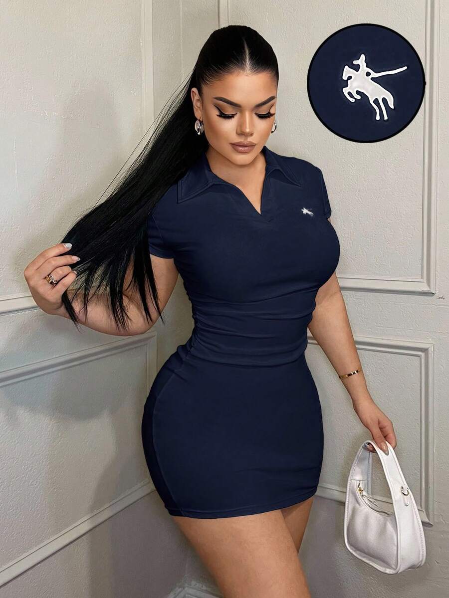 SHEIN SXY Vestido casual de negocios con cuello bordado - Azul Marino - Ver 1