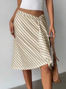 Aloruh Women's Fashionable & Elegant Yellow Striped Asymmetric Super Low Waist Striped Oblique Knee-Length Bodycon Flared Skirt, Suitable For Vacation & Daily Wear