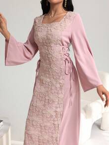 Yasmyna Women's Elegant Square Neck Patchwork Embroidered Cinched Waist Waist Dress, Spring/Summer Pink Dress Dress With Sleeves Lace Dress Elegant Dress - Pink - View 6