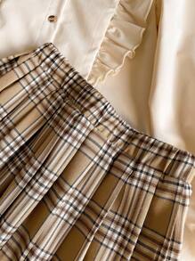 Sparklyn Tween Girl Ruffle Patchwork Long Sleeve Button-Up Shirt And Plaid Pleated Mini Skirt Casual Outfit Fall Winter Clothes - White - View 4