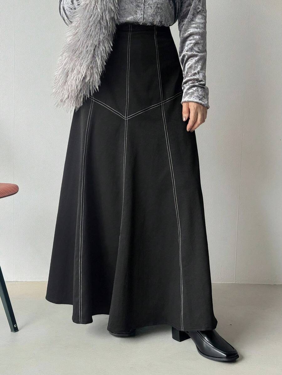 FRIFUL Chân váy dài dáng chữ A rộng rãi, có đường may trang trí, kiểu dáng thường ngày dành cho nữ, thích hợp cho mùa thu. - màu đen - Xem 1