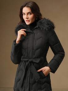 Anewsta 女士优雅绗缝收腰中长款连帽可拆卸毛领黑色拉链羽绒服，冬季 - 黑色 - 查看 4