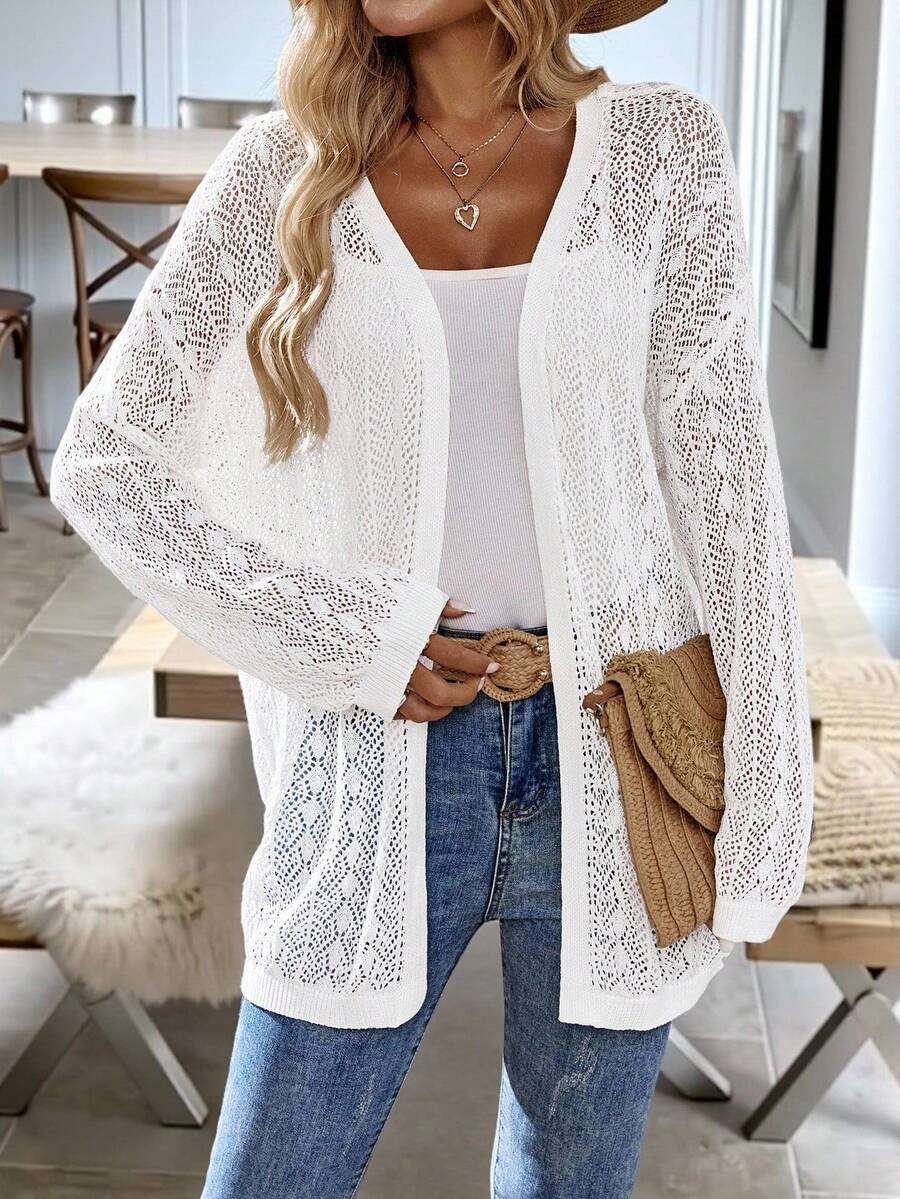 EMERY ROSE 女士纯色镂空透明休闲长袖开衫 - 白色 - 查看 1