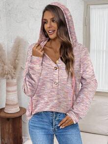 SHEIN LUNE 女式纽扣连帽华夫格针织运动衫，适合秋冬季所有季节 - 彩色 - 查看 5