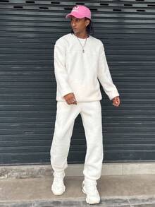 Manfinity EMRG 男士羊毛字母图案长袖运动衫和裤子休闲运动服套装男士两件套运动服男士两件套服装白色男士羊毛运动服白色运动服男士男士套装，秋装冬季 - 白色 - 查看 4