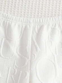 SHEIN Playful Pals 2 件幼儿男童休闲字母针织提花饰边罗纹圆领长袖运动衫和松紧腰裤套装，适合外出、日常休闲装、旅行，6 个月至 3 岁 - 白色 - 查看 4