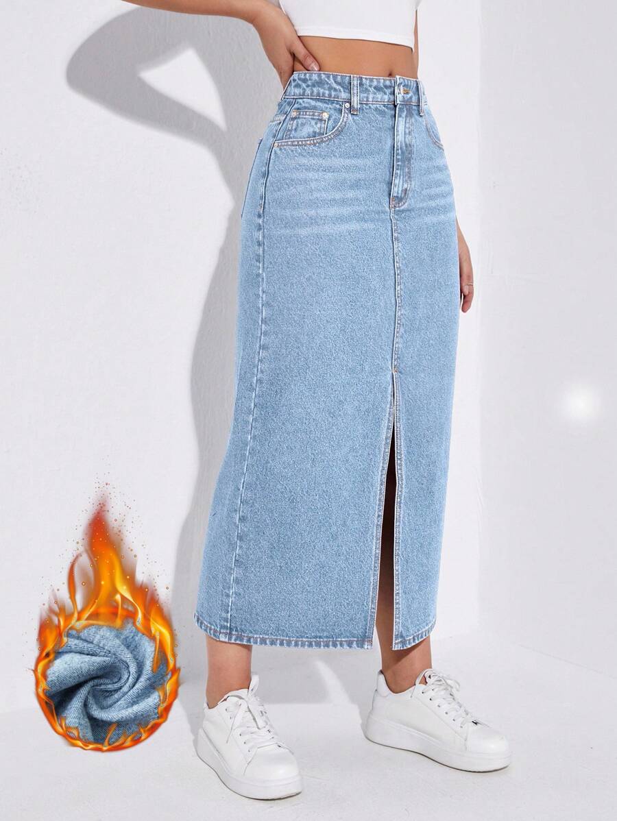SHEIN ICON Casual Washed Slit High Waist Denim Skirt Thermal Denim - Blue - View 1