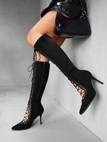 CUCCOO SZL 女士尖头细高跟黑色绒面革时尚靴子，适合派对和夜总会穿着，系带和侧拉链 - 黑色 - 查看 9