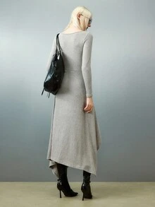 Airlisse Black & White Striped Asymmetrical Hem Dress Fall Cloth For Women - Grey - View 7