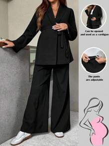 SHEIN 2pcs Maternity Set: Solid Color Shawl Collar Long Sleeve Jacket And Adjustable Waist Pants, Casual Suit  Fall Outfits For Women  Business Casual Women  Fall Clothes For Women  Business Casual Woman  Wide Leg Pants Woman  Business Casual Woman - Black - View 1