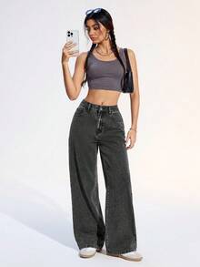 SHEIN ICON 纯色口袋纽扣休闲牛仔裤