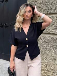 Jeta Ari Elegant Flared Sleeve Double-Breasted Cardigan, Solid White Simple Casual Shirt - Black - View 5