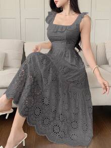 DAZY 法式蕾丝刺绣白色收腰连衣裙，度假仙女风长裙 - 灰色 - 查看 4