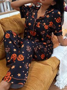 CoupledUp Bộ đồ ngủ ve áo in hình đầu bí ngô Halloween dành cho nữ, đồ ngủ Halloween đôi cho cặp đôi, dành cho tiệc Halloween - màu đen - Xem 2