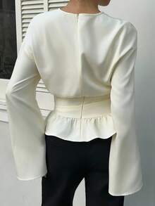 Siren Gaze Ruched Drape Long Sleeve Shirt, White Collar Shirt, Crew Neck Pullover Shirt Peplum Blouse Ruffle Blouse Cream Blouse Modest Blouse Winter Casual Spring - Apricot - View 2