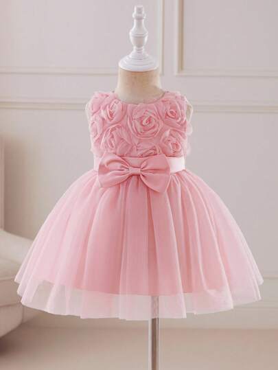 Glamorique Kids Baby Girls' Elegant Cute Floral 3D Bow Mesh Tutu Dress, Sleeveless Princess Party Dress Fall Winter