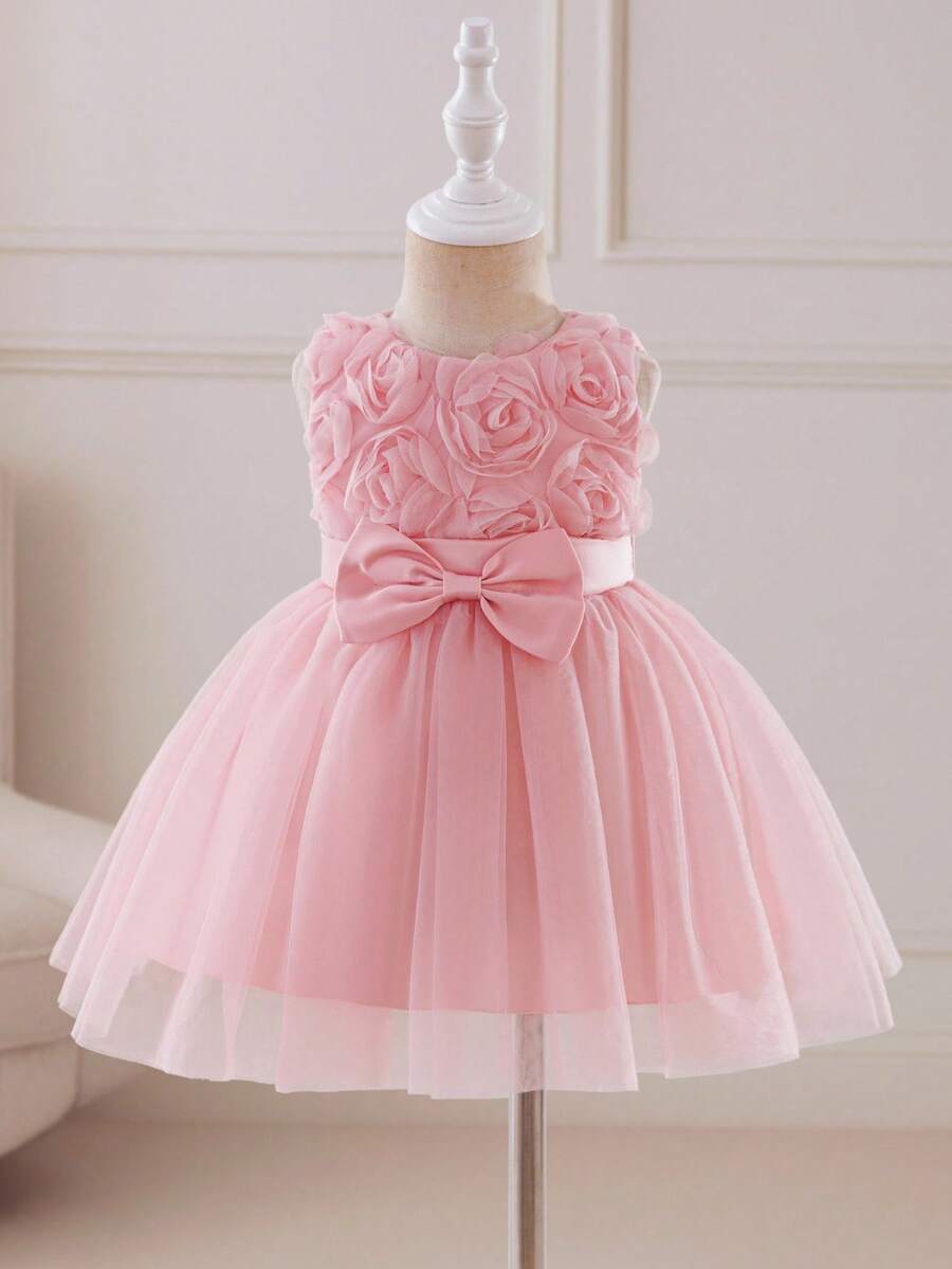 Glamorique Kids Baby Girls' Elegant Cute Floral 3D Bow Mesh Tutu Dress, Sleeveless Princess Party Dress Fall Winter