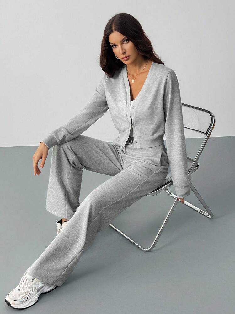 SHEIN Tall Women's Casual Solid Color Top And Pants 2 Pieces Set Grey Two Piece Set,Fall - Grey - View 7