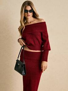 Poéselle 优雅红色针织露肩两件套 - 紅色 - 查看 7