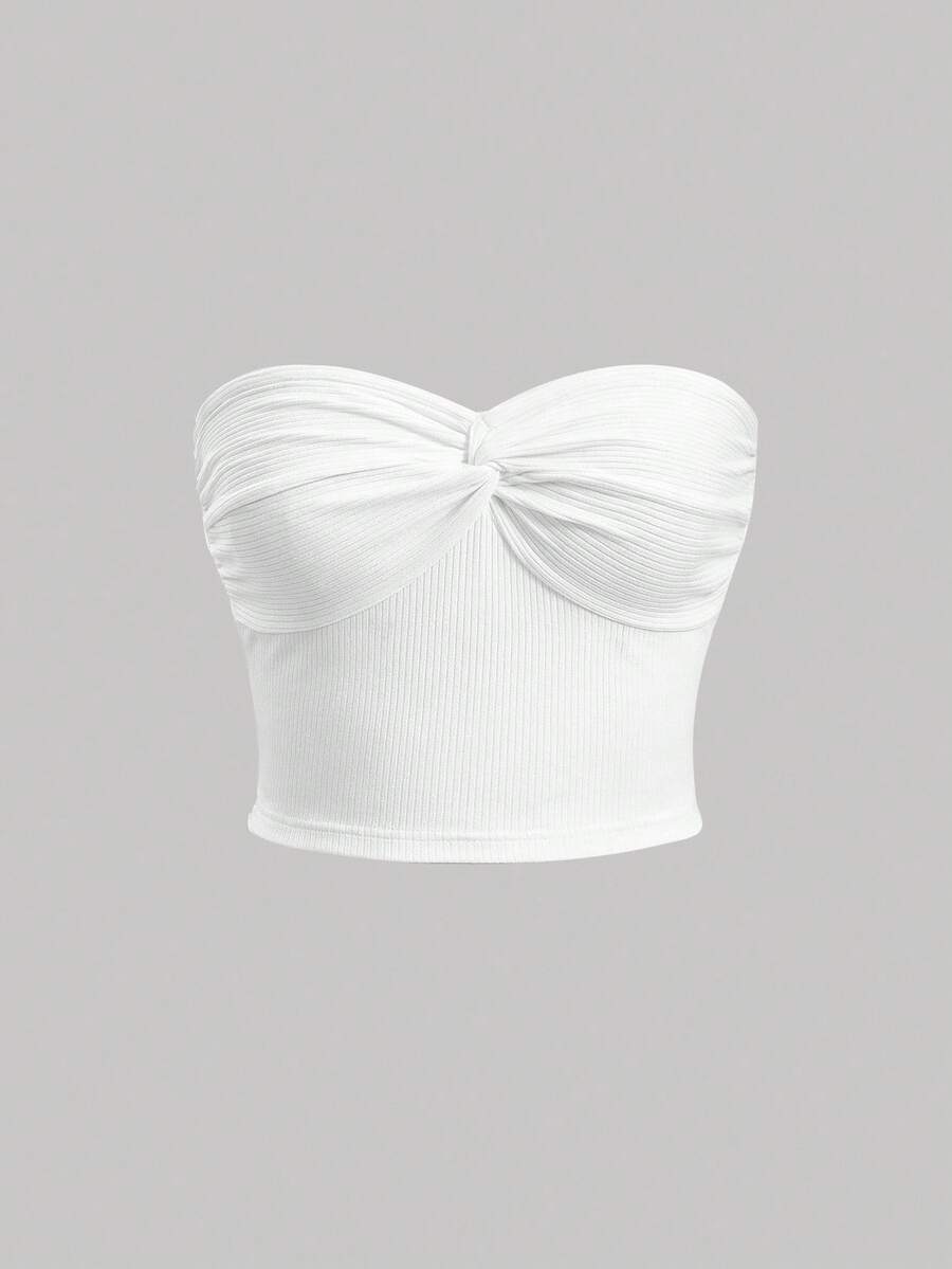 SHEIN MOD White Summer Twist Front Ribbed Knit Tube Top - White - View 1