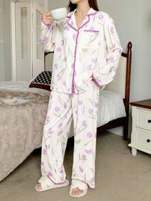 2 件套青少年女孩郁金香花卉图案翻领口袋前开长袖宽松休闲睡衣套装 - 紫色 - 查看 5