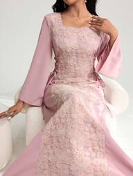 Yasmyna فستان أنيق للنساء بياقة مربعة، بتصميم رقعي مطرز وخصر مربوط، مناسب للربيع والصيف