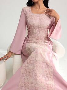 Yasmyna Women's Elegant Square Neck Patchwork Embroidered Cinched Waist Waist Dress, Spring/Summer Pink Dress Dress With Sleeves Lace Dress Elegant Dress - Pink - View 1
