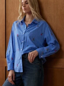 Écloséra French Retro Casual Striped Embroidered Long Sleeve Autumn Women's Loose Ladies Shirt Women's Office Wear Women's Button Shirt Women's Going Out Tops