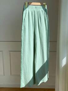 Comfortcana 女士休闲绿色蕾丝拼接阔腿裤 - 綠色 - 查看 2