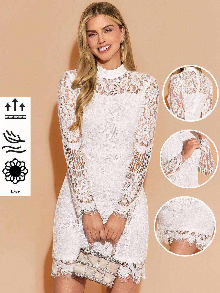 Amorya Women's Elegant Lace Trim Hem Dress, New Arrival Autumn, White Lace Sleeve Dress White Lace Dress White Cocktail Dress Lace Dress Women White Lace Mini Dress White Party Dress  Dirndl    Homecoming Dress White Long Sleeve Lace Dress White Dress Chic Autumn - White - View 1