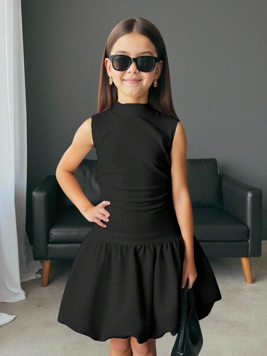 SHEIN Nova Glow Tween Girls Elegant Solid White Color Stand Collar Bachelorette Dress Y2k Dress , Suitable For Casual Daily Wear & School Daily , Back To School,Graduation Dress Black Dress Bubble Hem Girls Sleeveless Dress Girls Black Dress Kids Black Dress Tween Black Dress Black Dress Girl Black Dress For Tweens Black Dress Kid Girl