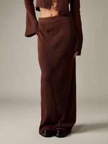 MISSGUIDED 罗纹针织直筒裙舒适秋季超长高腰毛衣下装秋冬时尚宽腰带及地长裙修身 - 棕色 - 查看 3